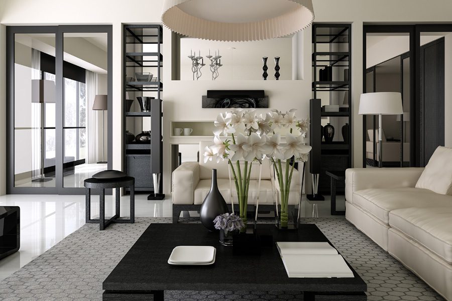 Interior Designer Insurance - Modern Living Room in a Home with a Black and White Color Scheme